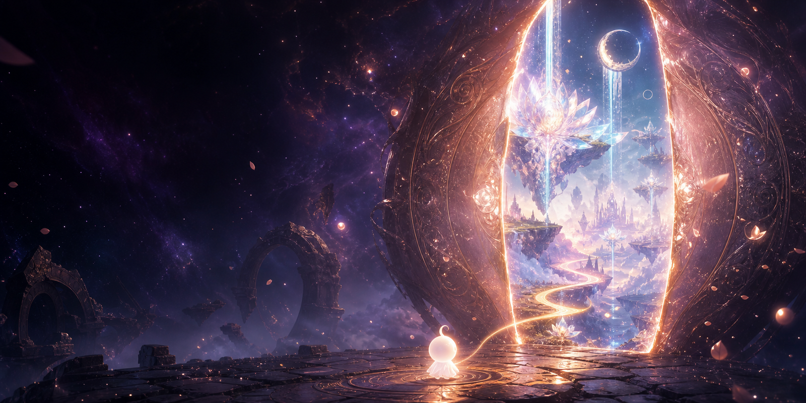 A luminous spirit approaches a vast sealed portal that offers a first glimpse of an unknown future celestial world.