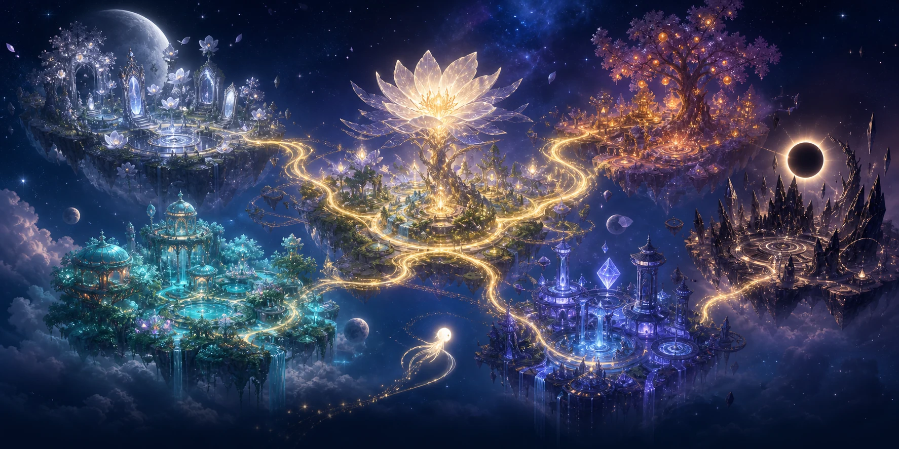 Silver Moonpetal Ruins filled with luminous flowers and mirror monoliths.