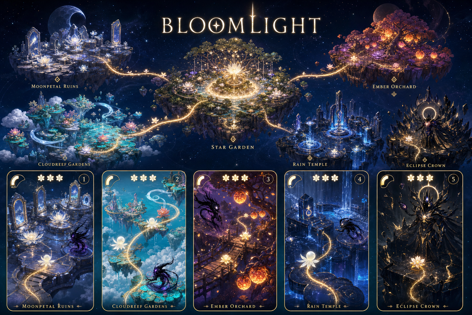 Concept presentation showing the five Bloomlight realms and portrait gameplay views for Moonpetal Ruins, Cloudreef Gardens, Ember Orchard, Rain Temple and Eclipse Crown.
